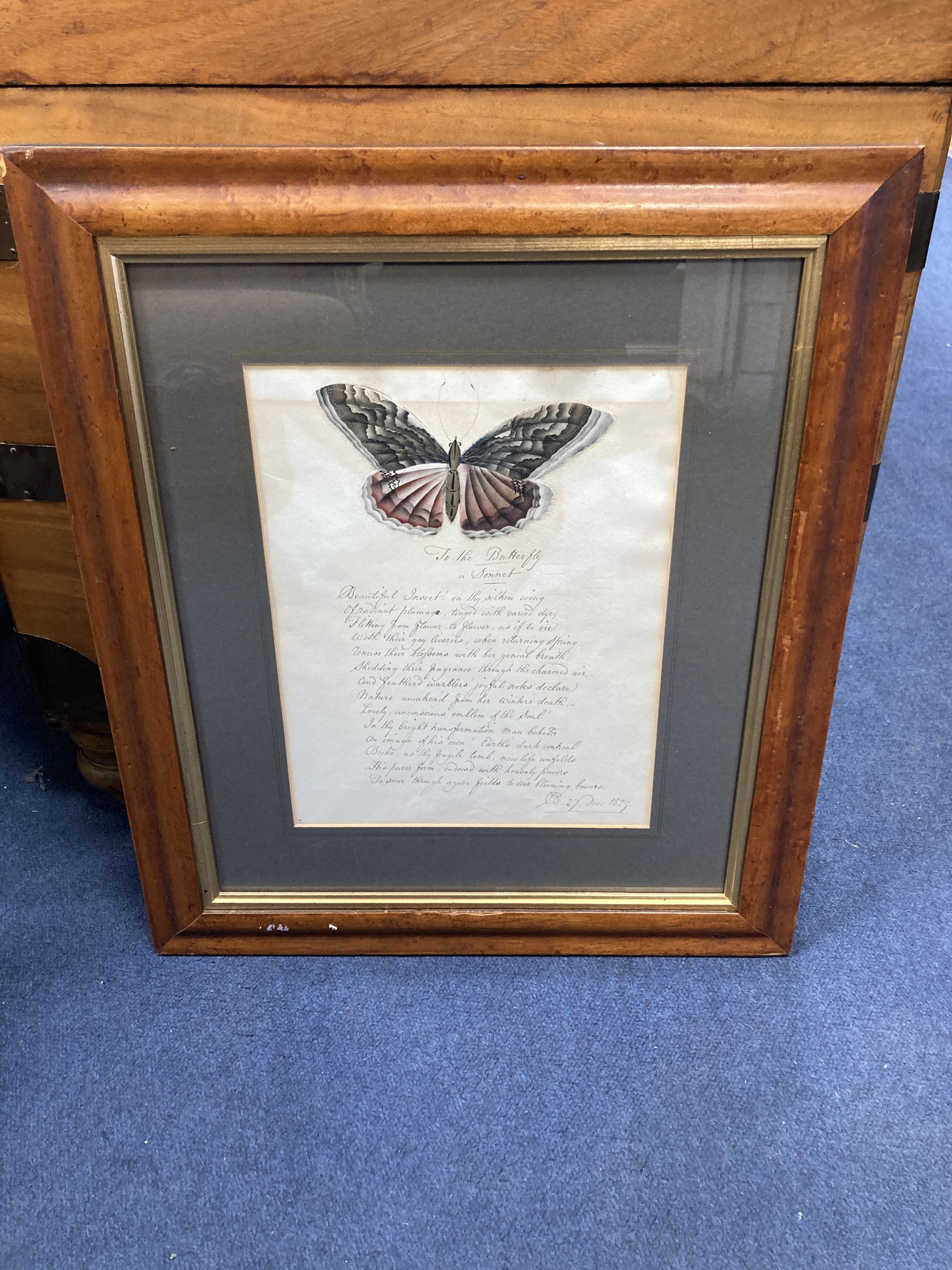 19th century English School, ink and watercolour, To The Butterfly A Sonnet, monogrammed and dated 1829, 28 x 21cm